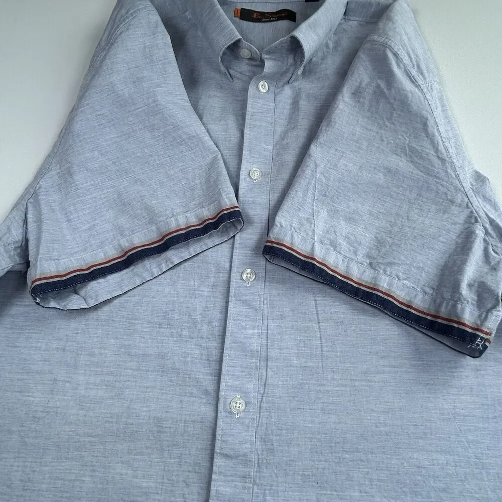 Ben Sherman Blue Cotton Short Sleeve Button Up Shirt Striped Cuffs Men's XXL